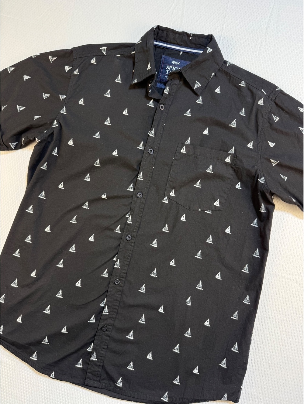 Spicy Tuna Mens L Sailboat Print Button Up Shirt Black Nautical Coastal Preppy